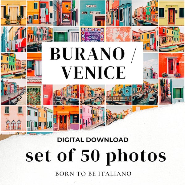 DIGITAL PHOTO COLLAGE kit / set of 50 photos from Burano (Venice, Italy) colorful, aesthetic set for traveller, dorm decor, tezza inspired