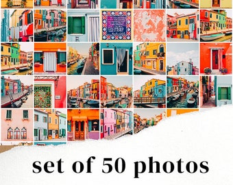 Photo collage kit: set of 50 PRINTS from Burano (Venice, Italy) colorful, cheerful, aesthetic set for traveller, dorm decor, teen wall art