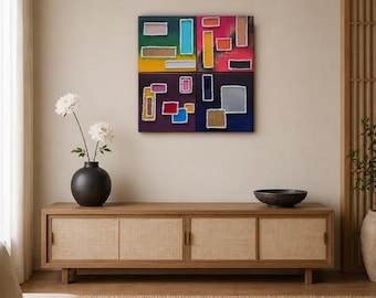 Conjunto de 4 peças de arte abstrata texturizada para parede | Pintura geométrica em resina e acrílico 20x20 cm | Arte moderna em relevo | Decoração contemporânea para casa
