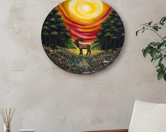 The Guardian – Originalgemälde eines Hirsches, Mixed-Media-Kunst, Waldkunst, Harzkunst, Natur-Wanddekoration, handgefertigtes rundes Gemälde