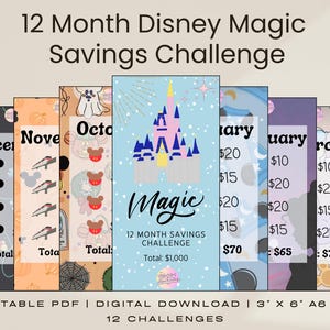 May include: A collection of 12-month Disney Magic Savings Challenge cards. Each card features a different design with Disney-themed illustrations and the month's name. The cards are 3" x 6" in size and have a total savings goal of $1,000.
