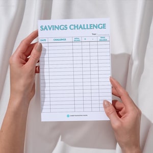May include: A white printable savings challenge tracker with the title "Savings Challenge" in blue and black text. The tracker has columns for date, challenge, initial balance, plus, minus, and final balance. The bottom of the tracker has the text "Money Budgeting Hacks" in blue text.