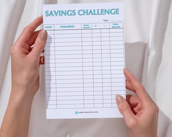 May include: A white printable savings challenge tracker with the title "Savings Challenge" in blue and black text. The tracker has columns for date, challenge, initial balance, plus, minus, and final balance. The bottom of the tracker has the text "Money Budgeting Hacks" in blue text.