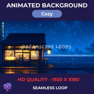 Könnte beinhalten: Animierter Hintergrund mit einer gemütlichen Nachtszene. Ein kleines Geschäft mit beleuchteten Fenstern und einer Hängelaterne vor einem Sternenhimmel und Ozean. Der Text "DREAMSCAPE LOOPS" und "HD QUALITY - 1920 X 1080" sind sichtbar.
