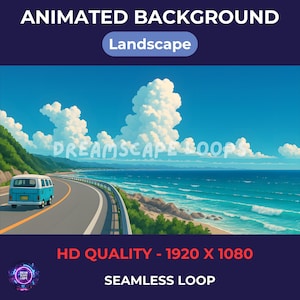 Pode incluir: Fundo animado de paisagem com céu azul, nuvens brancas e estrada costeira. Uma carrinha azul clara percorre a estrada. A imagem inclui o texto "DREAMSCAPE LOOPS" e "HD QUALITY - 1920 X 1080".