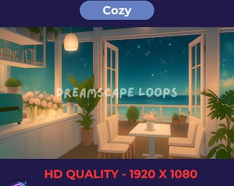 Bucle de cafetería con estrellas de mar: vídeo acogedor con interior costero para un ambiente lo-fi, ideal para dormir y disfrutar de la noche.