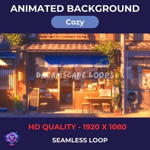 Pode incluir: Imagem de fundo animada de uma aconchegante loja japonesa com o texto "DREAMSCAPE LOOPS". A imagem está rotulada como "HD QUALITY - 1920 X 1080" e "SEAMLESS LOOP". A palavra "Cozy" também é exibida.