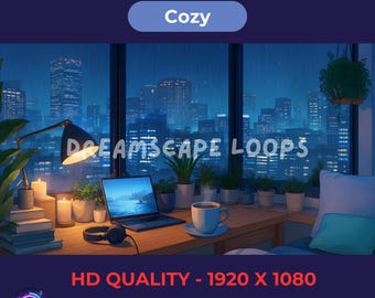Lo-Fi Regennacht Schlafzimmer Schleife | Animierter Hintergrund mit Stadtblick (Digitaler Download)