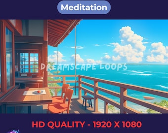 Boucle des cafés en bord de mer | Vidéo relaxante sur une terrasse côtière pour une décoration numérique et un fond de méditation