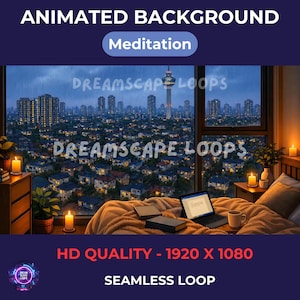 Loop HD di una notte piovosa in città / Atmosfera accogliente alla finestra di una camera da letto / Video rilassante con estetica urbana sotto la pioggia