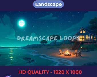 Könnte beinhalten: Ein animierter Landschaftshintergrund mit einer Nachtszene. Das Bild zeigt einen Vollmond, einen Sternenhimmel und einen Strand mit Lagerfeuer. Ein Haus mit beleuchteten Fenstern ist sichtbar. Text enthält "ANIMATED BACKGROUND", "Landscape", "DREAMSCAPE LOOPS", "HD QUALITY - 1920 x 1080" und "SEAMLESS LOOP".