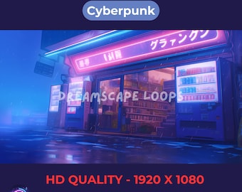 May include: Animated cyberpunk background with a neon-lit shop and vending machines. The image features the text "ANIMATED BACKGROUND", "Cyberpunk", "HD QUALITY - 1920 X 1080", and "SEAMLESS LOOP". The scene is set in a rainy environment.