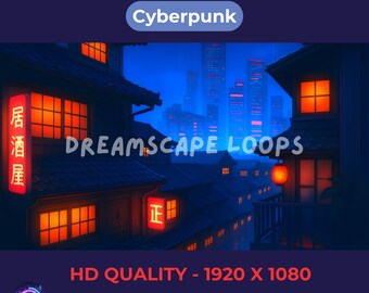 以下が含まれることがあります： サイバーパンクの夜の都市景観のデジタルアートワーク。オレンジ色に照らされた窓と看板のある建物が前景にあり、背景には未来的なスカイラインがあります。「ANIMATED BACKGROUND」、「Cyberpunk」、「DREAMSCAPE LOOPS」、「HD QUALITY - 1920 X 1080」および「SEAMLESS LOOP」というテキストが含まれています。