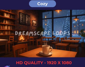 Cozy Winter Cafe Video Loop: Fireplace, Coffee Cup, Snow (HD Digital Download)