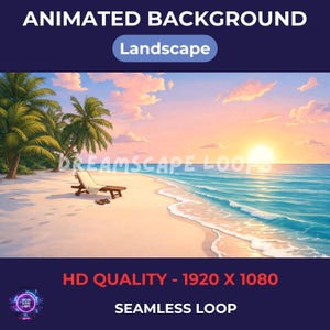 Könnte beinhalten: Ein animierter Landschaftshintergrund mit einer Strandszene bei Sonnenuntergang. Das Bild zeigt Palmen, eine Liege und den Text "DREAMSCAPE LOOPS". Die Szene ist in HD-Qualität, 1920 x 1080, und ein nahtloser Loop.