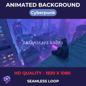 Puede incluir: Fondo animado de ciudad cyberpunk con una persona sentada en una azotea con vistas a la ciudad. El fondo es un bucle sin costuras en calidad HD, 1920 x 1080 píxeles.