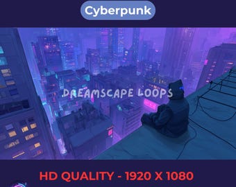 May include: Animated cyberpunk cityscape background with a person sitting on a rooftop overlooking the city. The background is a seamless loop in HD quality, 1920 x 1080 pixels.