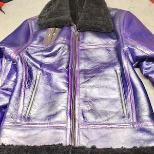 Womens Purple Sheepskin Leather Fur Jacket