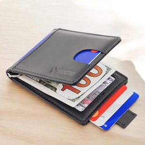 Vaulties - Cartera de cuero genuino con bloqueo RFID - Cartera minimalista de bolsillo frontal con clip para billetes y dos pliegues para hombres