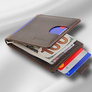 Vaulties - Cartera de cuero genuino con bloqueo RFID - Cartera minimalista de bolsillo frontal con clip para billetes y dos pliegues para hombres