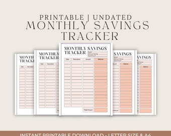 May include: Printable monthly savings tracker with a pink and white color scheme. The tracker includes sections for date, description, amount, and balance. The text "MONTHLY SAVINGS TRACKER" is at the top of the page.