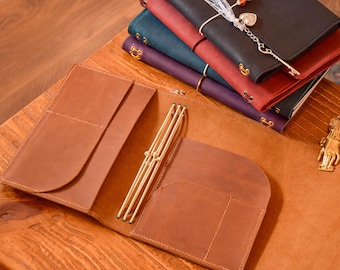 Personalized Leather Trifold Journal Cover A5 A6, Refillable Notebook, Handmade Embossed Travel Gift