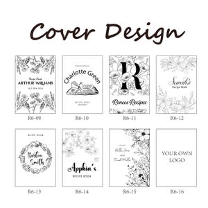 May include: A selection of black and white recipe book cover designs. The covers showcase floral illustrations, text, and varied layouts. Names such as Arthur Williams, Charlotte Green, and Sarah's are featured, alongside a design for a custom logo.