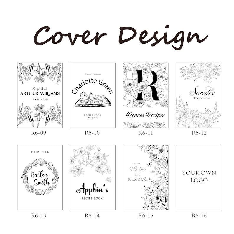 May include: A selection of black and white recipe book cover designs. The covers showcase floral illustrations, text, and varied layouts. Names such as Arthur Williams, Charlotte Green, and Sarah's are featured, alongside a design for a custom logo.