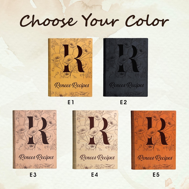 May include: A range of recipe books in colours such as gold, black, peach, cream, and orange. Each book has a floral design with the letter "R" and the text "Renees Recipes". The phrase "Choose Your Color" is at the top of the image.
