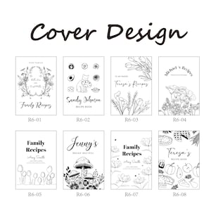 May include: Eight black and white recipe book cover designs. The covers feature floral illustrations, text, and various design elements. The text includes titles like "Family Recipes," "Jenny's Bread Recipes," and names like "Sandy Johnson" and "Teresa's Recipes."