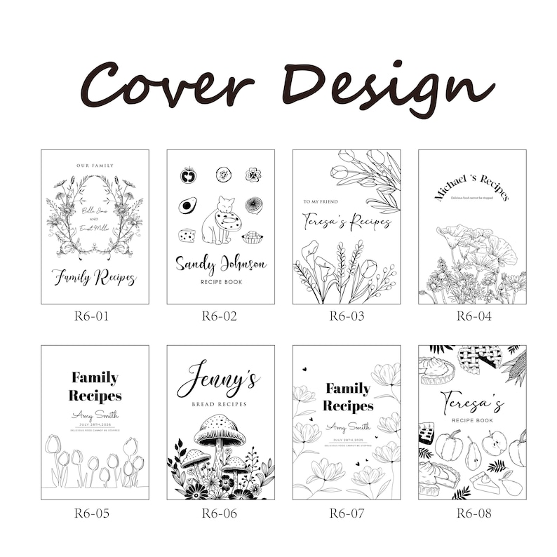 May include: Eight black and white recipe book cover designs. The covers feature floral illustrations, text, and various design elements. The text includes titles like "Family Recipes," "Jenny's Bread Recipes," and names like "Sandy Johnson" and "Teresa's Recipes."