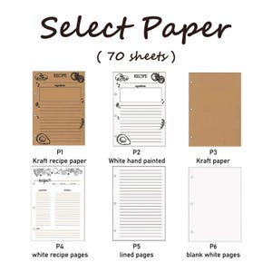 May include: Image of recipe paper options. Includes kraft recipe paper, white hand-painted recipe pages, kraft paper, white recipe pages, lined pages, and blank white pages. The text "Select Paper" and "(70 sheets)" are at the top.