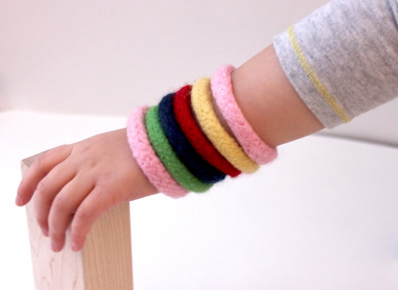 6 Montessori Toy Bangles, Kids Toys, Holiday Gift, Waldorf Toy Wool, Colorful Kid Jewelry, Soft Childrens Toy, Stocking Stuffer, Kids Gift image 1