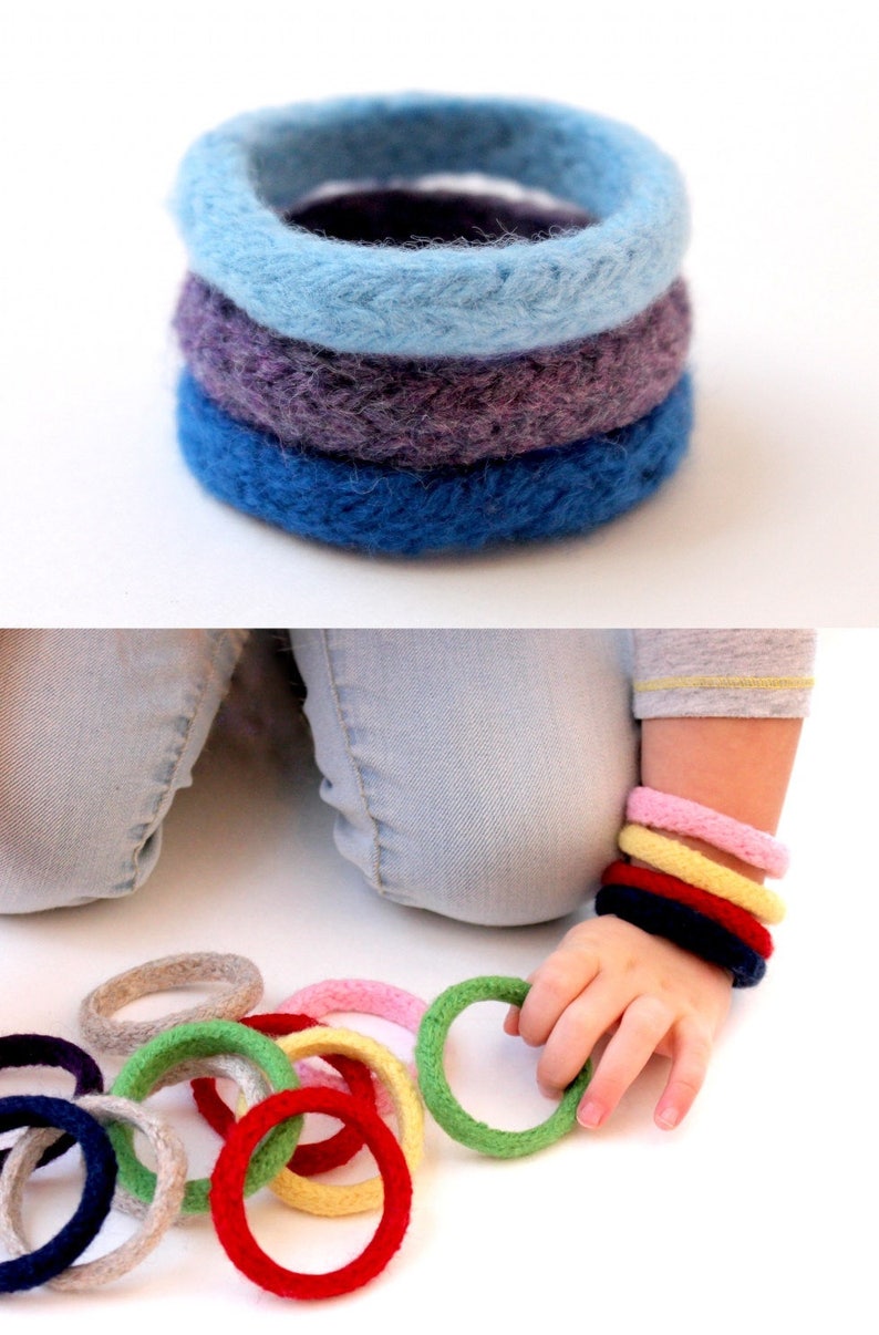 6 Montessori Toy Bangles, Kids Toys, Holiday Gift, Waldorf Toy Wool, Colorful Kid Jewelry, Soft Childrens Toy, Stocking Stuffer, Kids Gift image 4