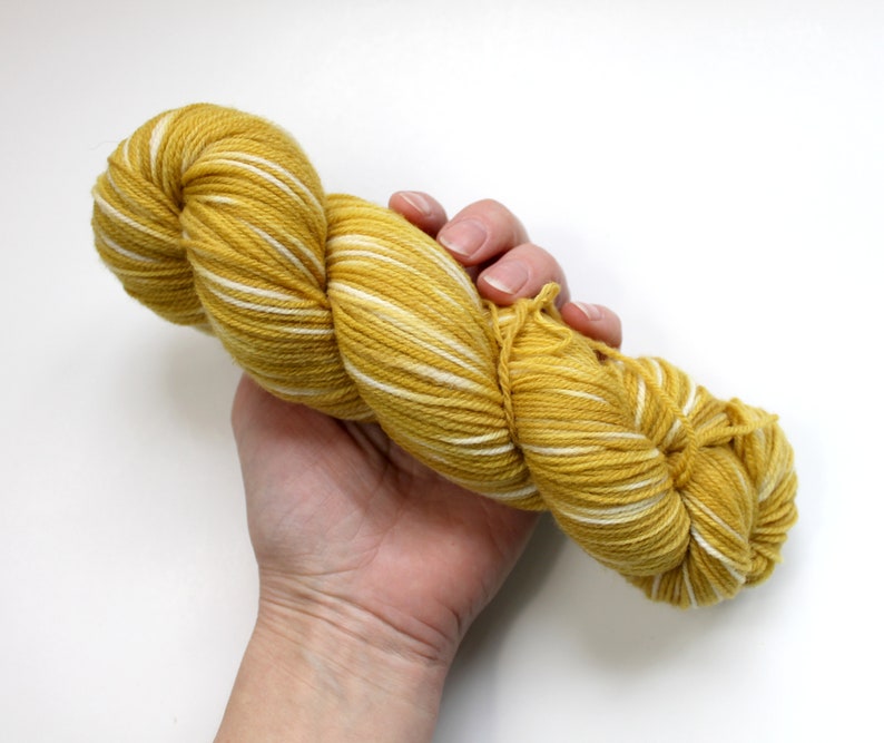 Naturally dyed yarn, mustard yellow yarn, fingering weight yarn, plant dyed yarn, hand painted yarn, shawl yarn, fall color yarn image 3