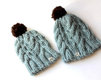 Big and Little Hats, Warm Beanie Hat, Mommy and Me, Winter Fashion, Warm Winter Hat, Pom Pom Hat, Chunky Knit Hat, Winter Wear, Hat Set