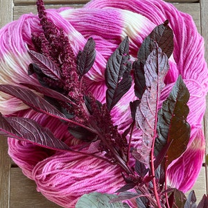Op de afbeelding: Roze en witte garen met een dieppaarse plant met bladeren en bloemen.