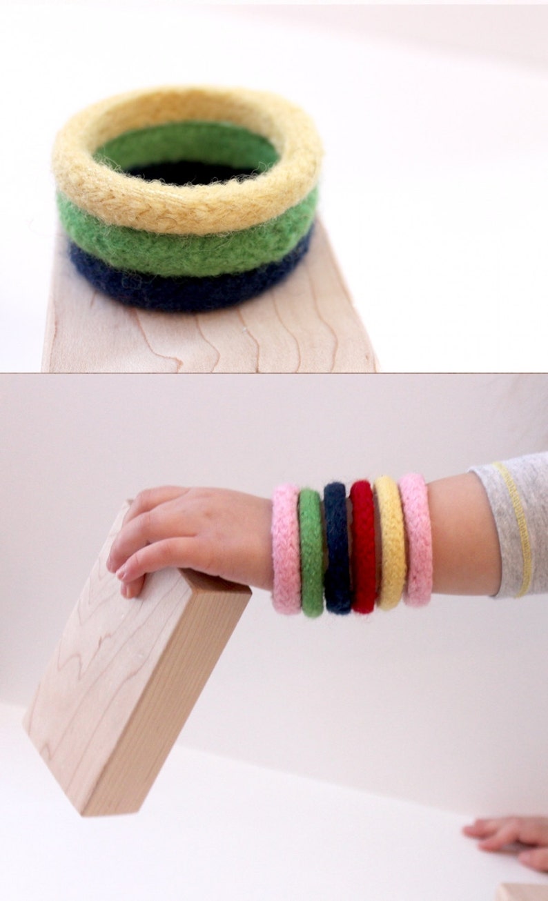 6 Montessori Toy Bangles, Kids Toys, Holiday Gift, Waldorf Toy Wool, Colorful Kid Jewelry, Soft Childrens Toy, Stocking Stuffer, Kids Gift image 3