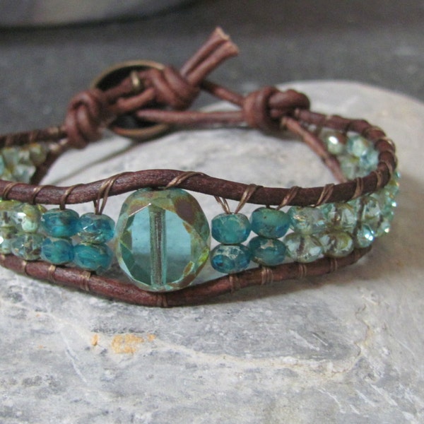 Ocean Blue and Green Czech Glass Beaded Leather  Bracelet