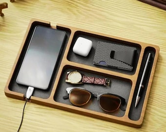Organizador de mesa de escritório de madeira maciça: bandeja para telefone, fone de ouvido e acessórios
