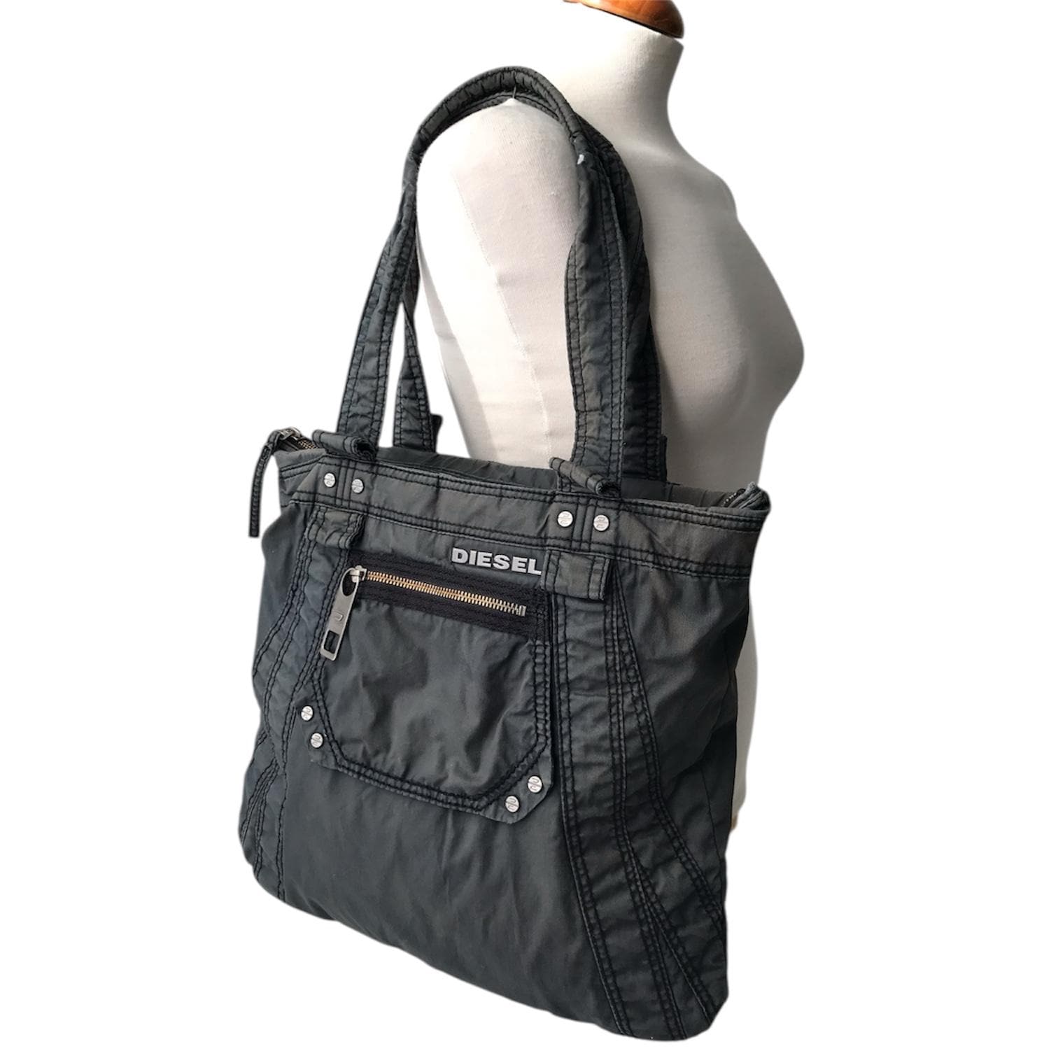 DIESEL Vintage Charcoal Gray Denim Shoulder Bag Cargo Multipocket