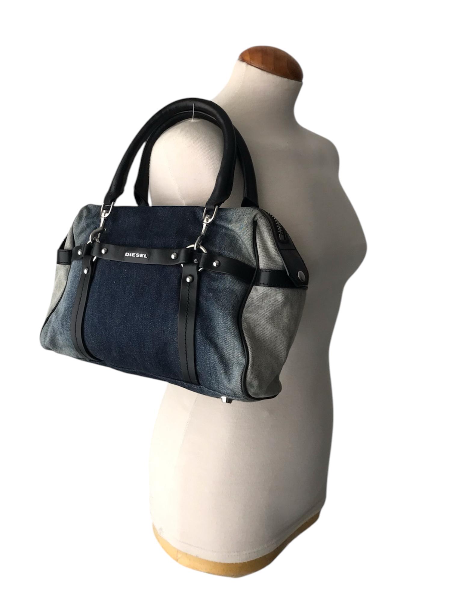 DIESEL Vintage Denim Shoulder Bag Bondage Leather Straps DIESEL Vintage Denim Shoulder Bag Bondage Leather Straps