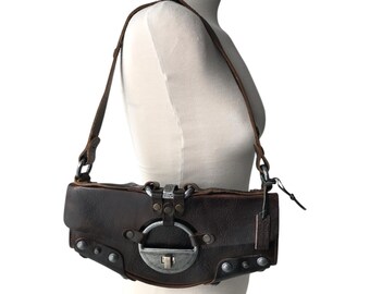 DIESEL Vintage Black Leather Messenger Bag Harness Industrial 