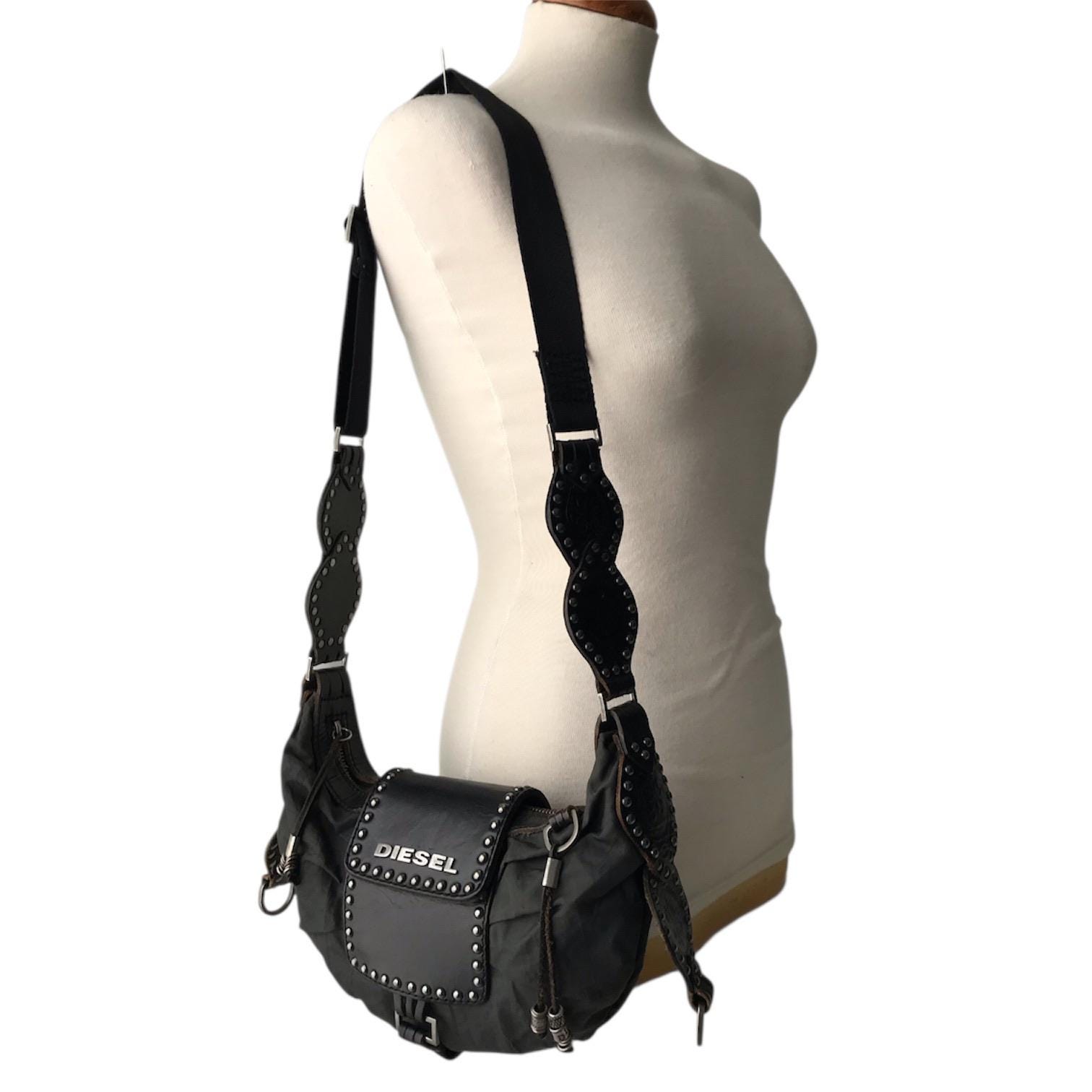DIESEL Vintage Shoulder Bag Grey Medieval Crescent Moon Boho Chic 