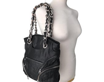 DIESEL Vintage Black Leather Bag Moto Biker Dystopian Dark Cyberpunk Goth Grunge Industrial Futuristic City Y2K 00s Avant Garde Archive