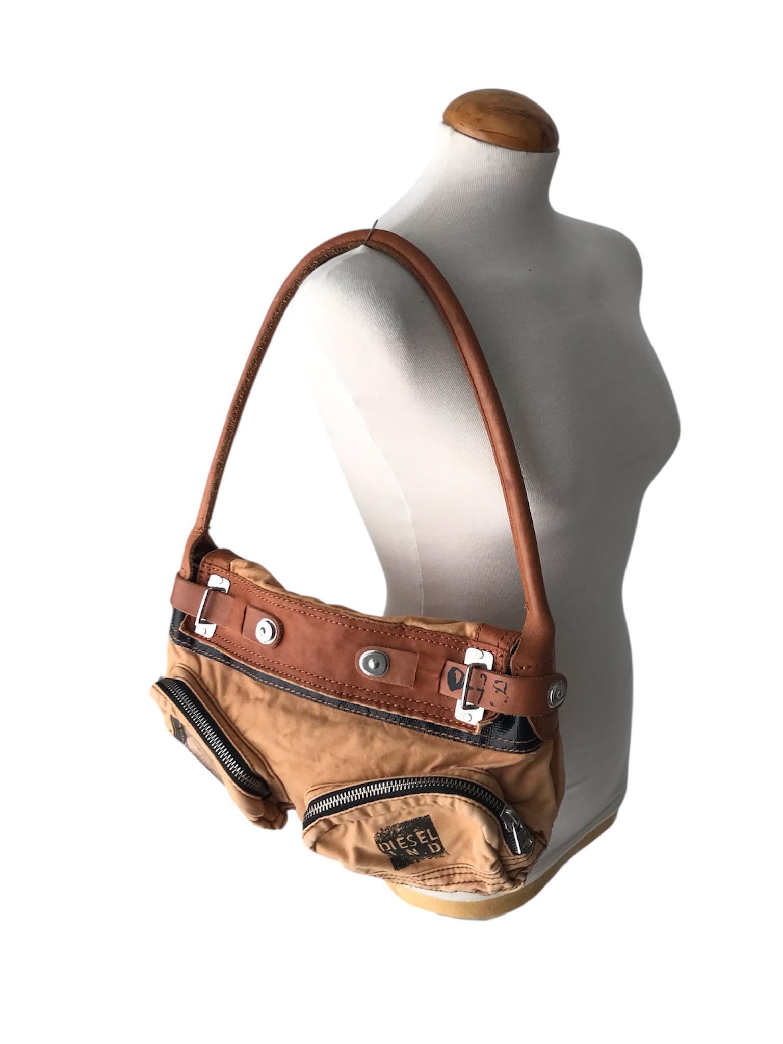 低価格 DIESEL Vintage Hobo Bag Military Inspired Print Tan Leather バッグ