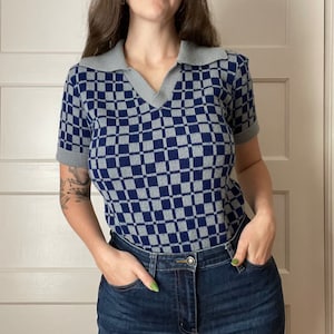 Vintage Blue & Grey Checkered Sweater Blouse