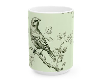 Green Bird French Toile de Jouy Ceramic Mug - Elegant Coffee Cup, Tea Mug for Bird Lovers, Nature Inspired Drinkware, Gift for Mom, Spring