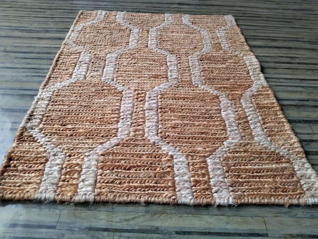 Handwoven Sumak Jute Rug With Geometric Pattern – Natural Beige & Ivory ...