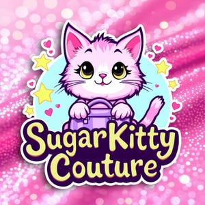 a pink cat with large eyes and a smiling expression, surrounded by stars and hearts, with the text "SugarKitty Couture" prominently displayed.